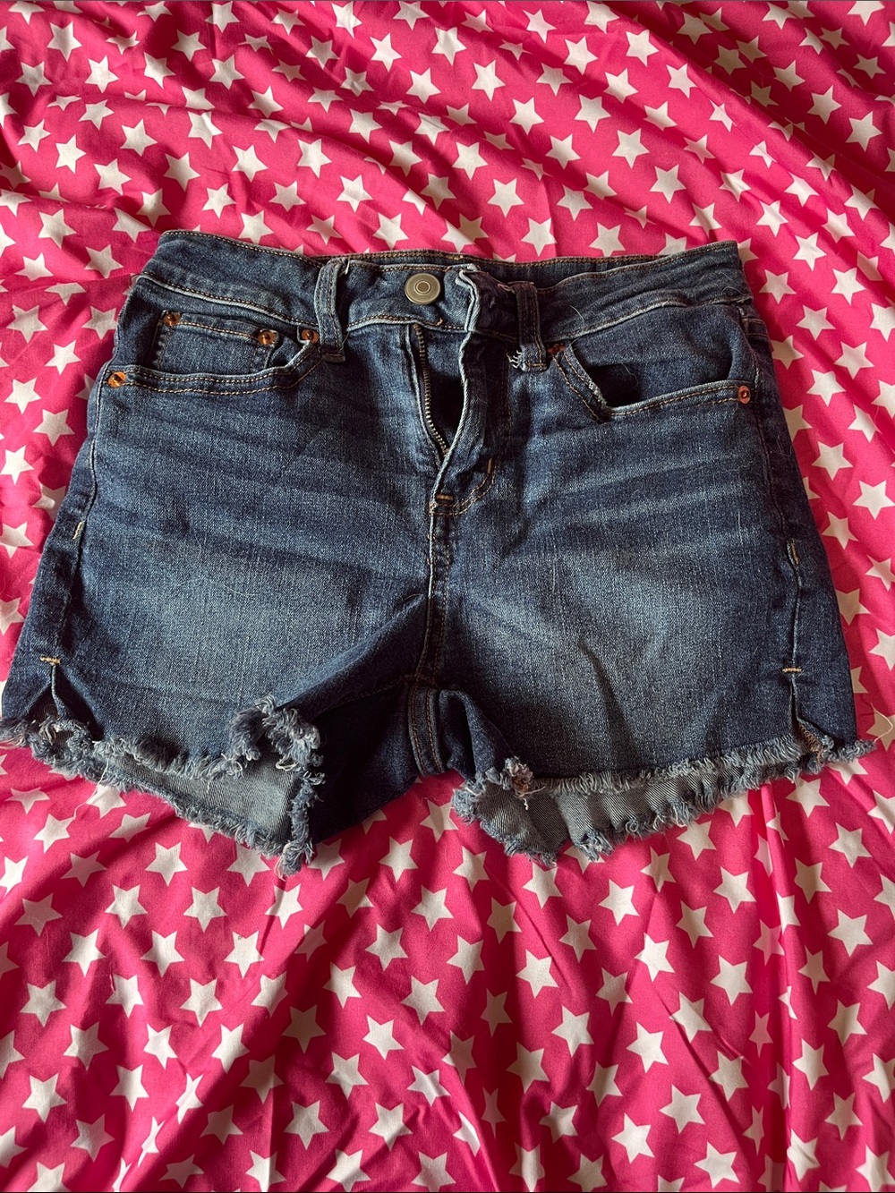 No Boundaries Dark Blue Frayed Hem Denim Shorts